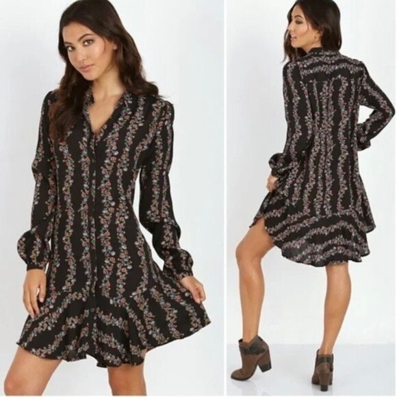 Free People Dress Women’s Size XS Black with Floral Print Buttondown Shirt Dress - Picture 13 of 15